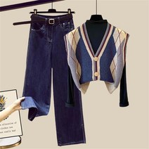 꽃소담 여자 봄가을 와이드바지 니트조끼 이너티 상하의 쓰리피스 QQA2888