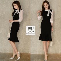 유유가가 블랙 컬러 화이트 레이스 투톤 우아한 단정한 머메이드 원피스