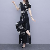 빅사이즈 반팔 시폰 점프슈트 프린트 와이드 팬츠 날씬
