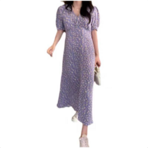 YAPOGI S-3XL 빅사이즈 여름 자주색 프랑스식 브이넥 잔꽃무늬 롱 쉬폰 원피스 J0288