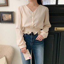 폰시크 데일리 코디대로 조절 가능한 잔체크 밴딩 크롭 긴팔