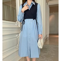 아이엠몽 여성 투피스 카라넥 셔츠 롱 원피스 랩 조끼 페미닌 올레나