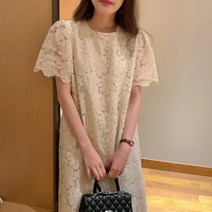 상견례옷차림 셀프웨딩 펀칭 자수 꽃무늬 퍼프소매 롱 프렌치 레이스 루즈핏 롱