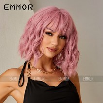 뽀뽀머리 앞머리 핑크화섬 고온사 어깨단발 웨이브 구미 가발, De122 핑크