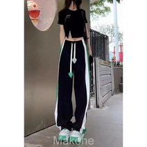 Makone여자 와이드 팬츠 캐주얼 바지 리넨 팬츠 긴바지아메리칸 힙합 바지 고가ins 유행표 오버사이즈 슬랙스 여성 줄무늬 재즈 댄스 바지