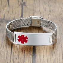 치매노인 미아방지 위치추적 무료 개인 스테인레스 스틸 남성 의료 경고 ID 팔찌 10/16 MM 와이드 메쉬 밴, 01 BR-888S-MD 10MM