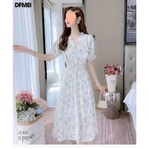 DFMEI 쉬폰 원피스 자녀 여름 롱 플레어 소매 허리 조임 부드러움