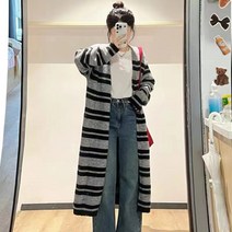 가을 정염 스트라이프 정전기 방지 굵은 털실 롱 박시 나른 니트 트임셔츠녀