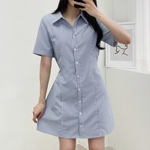 포디룩 [바스락소재] 스트라이프 뒷리본 미니 셔츠원피스