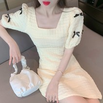 DFMEI 스퀘어넥 원피스 여 스위트 리본 미니 스커트