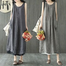 여성용 스트라이프 면 마 원피스 여름 루즈핏 린넨 민소매 롱 스커트