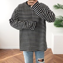 준지 스트라이프 박스 오버핏 단가라 라운드 긴팔 티셔츠 2color