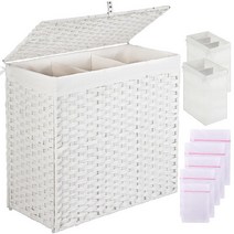 Greenstell 뚜껑이 있는 세탁 바구니 125L 대형 3섹션 의류 바구니 2가지 유형의 탈착식 라이너 백 및 5개의 메시 세탁 가방 수제 합성 라탄 분할 세탁 바구니, White