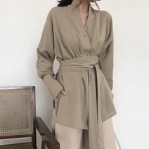 허리벨트 차이나카라 루즈핏 블라우스 (브이넥 헨리넥 허리끈 블라우스 3col dcbm2999)