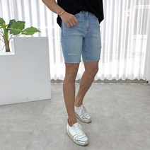간빠레 [무배 빅사이즈]전체 속 밴딩 워싱 남자 디스 컷팅 청반바지