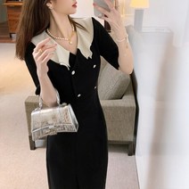 리얼 최신 여름 반팔 프렌치 원피스 여 프릴 브이넥 더블 빈티지 미디 블랙 스커트