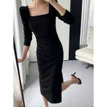 스퀘어 칼라 솔리드 웨딩 맥시 드레스 여성용 우아한 한국 패션 의류 사무실 바디콘 미디 가운 가을 상품