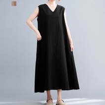 시라 브이넥 민소매 린넨 롱 원피스