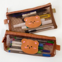 큐티 곰돌이 메쉬 필통 투명 파우치 가방 학생 펜슬케이스, 파우치 타입