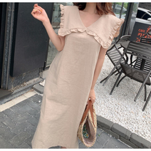 린넨100 프릴 세라 빅카라 민소매 루즈핏 롱원피스 통 일자 벨트포함 베이지 하늘색 블랙