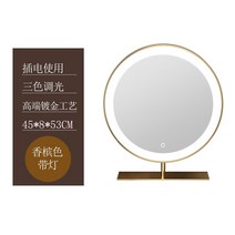 LED 충전식 대형 원형 거울 침실 간단한 스마트 화장 거울 조명 럭셔리 탁상 거울 화장 거울, 샴페인 골드 45CM 플러그인