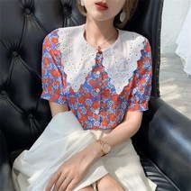리앤킴 여성 레이스에리 반팔 꽃무늬 블라우스 L133