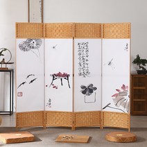 동양풍 인테리어 나무파티션 접이식 4폭 병풍, 양면 디자인, 3호