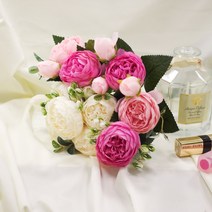 작약 라넌큘러스 조화 부쉬 꽃다발 꽃꽂이 인테리어 소품 꽃 소품 결혼 부케 성묘 조화 꽃다발, 퍼플