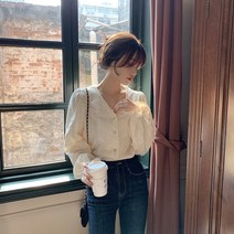 브이넥 프릴 레이스 루즈핏 면 긴팔 블라우스