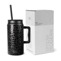 Simple Modern 손잡이와 빨대 뚜껑이 있는 1.4L(50온스) 머그 텀블러 | 재사용 가능한 단열 스테인리스 스틸 대형 여행용 저그 물병 | 남성 및 그녀를 위한 발렌타인, Pattern: Black Leopard