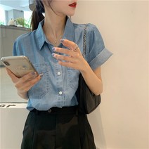 [줄리엔느] 투포켓 카라 청 오버핏 블라우스 셔츠