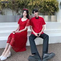 DFMEI 여름 커플룩 웨딩 사진 약혼 신부 레이스 여 반팔 브이넥 원피스