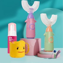 어린이 키즈용 U자형 칫솔 로켓모양 2-12세 편리한 실리콘칫솔, Q (6-12세) 로켓그린+핑크+치약+컵