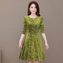 예복원피스 아나운서 빅사이즈 우아한 빈티지 꽃 프린트 벨벳 드레스 여성용 봄 가을 캐주얼 긴 소매 무릎