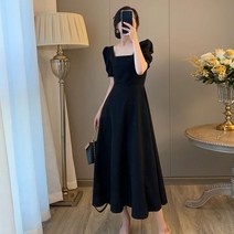 검은 드레스 여성의 여름 2022 새로운 프랑스 복고풍 사각 칼라 허리 슬리밍 기질 헵번 바람 긴 치마