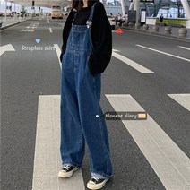 와이드 통 루즈핏 오버롤 데님 청 멜빵바지 플러스 사이즈 겸용 남녀공용 봄 사계절 점프슈트1