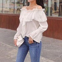 오프숄더 프릴 레이스 블라우스 고급 데이트룩 하객룩