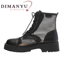 여름장화 DIMANYU-여름 부츠 여성 가죽 영국 스타일 할로우 홀 메쉬 두꺼운 힐