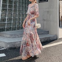 잇츠스타일 당일발송 여성 에스닉 캉캉 주름 반팔 롱 원피스 여행룩 바캉스룩 호캉스