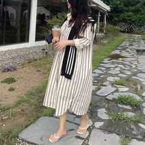 [비비애르] 빈티지 스트라이프 긴팔 셔츠 롱 원피스 간절기 코튼원피스 오버핏 심플룩