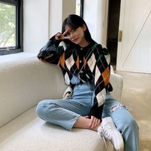 퍼니걸스 5738 배색 다이아 아가일 니트 가디건 여성의류