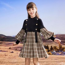 드레스 패치워크 체크 터틀넥 롱 소매 여아용 귀여운 퍼프 슬리브