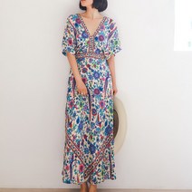 핑크비치 V넥 루즈핏 반팔 원피스 여름 에스닉 롱 비치원피스