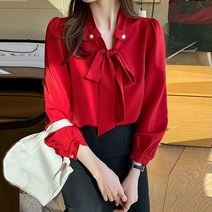 [디아리스] 여성 봄 가을 리본 레드 블라우스 8567