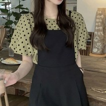 도트 블라우스 경량 퍼프소매 밴딩 스커트 코디 심플