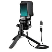 무선핀마이크 블루투스 방송 휴대 공연 강의 용 무선 핸드 마이크 rgb usb 콘덴서, 검은색