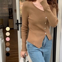 울 골지니트 가디건 슬림핏 여성용 사선 버튼 언발 디자인 봄 카디건 6color