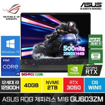 ASUS ROG 제피러스 M16 GU603ZM-K8056W 인텔12세대 i9-12900H RTX3060 윈도우11홈, ASUS ROG 제피러스 M16 GU603ZM, WIN11 Home, 40GB, 2TB, 코어i9, 블랙