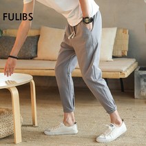 FULIBS 린넨 팬츠 여름 슬림핏 남성 면마 캐주얼 팬츠 남 빅사이즈 9부 팬츠 유스 스트레이트 배기 팬츠 남바지