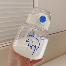 배불뚝이 플라스틱 컵 러블리 캐릭터 여름 빨대 컵 눈금 약필 그림 휴대용 바운드 뚜껑 물컵, BSQ516블루(프린트), 700ML